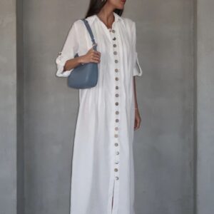 שמלת הלני לבנה מבד פשתן כפתורים